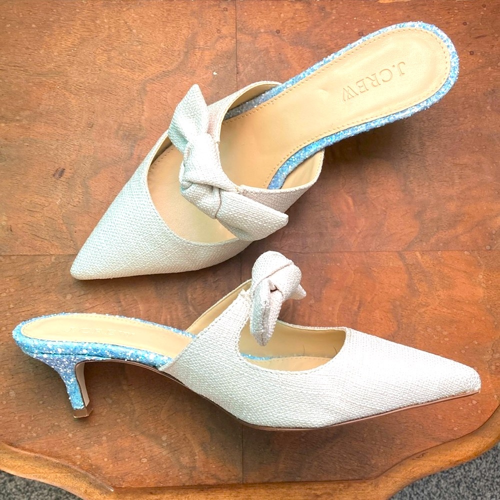 MOVING SALE!! J. CREW Linen Tweed Bow Kitten Glitter Heels Something Blue, 7.5